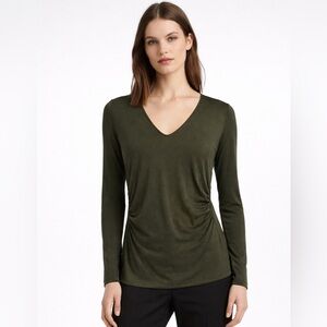 Akris Punto Silk Jersey V-neck Long Sleeve Top Ruched Dark Green Womens Size 8